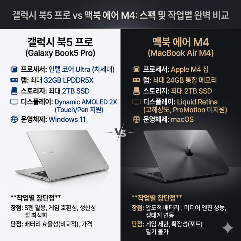 갤럭시 북5 프로 vs 맥북 에어 M4 스펙 차이 및 작업별 장단점 비교