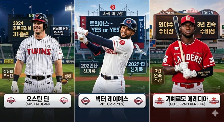  KBO 빅데이터 리포트: '복덩이' 외국인 타자 3대장 완벽 비교 (LG 오스틴 vs 롯데 레이예스 vs SSG 에레디아)