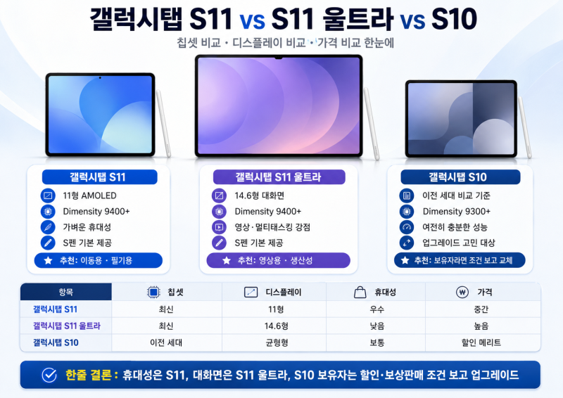 갤럭시탭S11 구매 전 꼭 봐야 할 S10·아이패드·샤오신 패드 비교