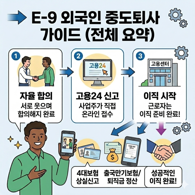 E-9 외국인 근로자 중도퇴사 처리 방법ㅣ고용24 고용변동신고 (이직/합의해지)