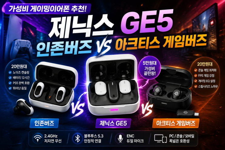  가성비 게이밍이어폰 추천, 제닉스 GE5 vs 인존버즈 vs 아크티스 게임버즈 비교
