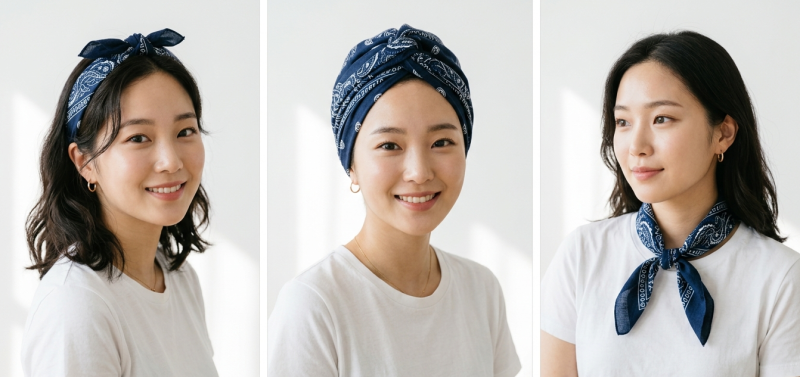 반다나 매는 법 완벽 가이드 — 7가지 스타일 + 머리 길이·얼굴형·상황별 추천