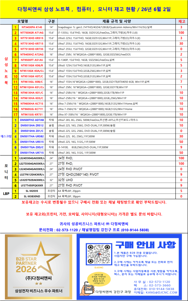  삼성 노트북 컴퓨터 모니터 재고 현황 (2026년 6월 2일 기준)