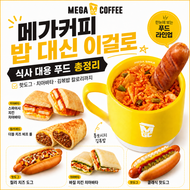 메가커피 밥 대신 이걸로, 식사 대용 푸드 총정리 - 핫도그·치아바타·김볶밥 칼로리까지