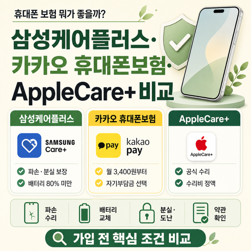 휴대폰 보험 뭐가 좋을까? 삼성케어플러스·카카오 휴대폰보험·AppleCare+ 비교
