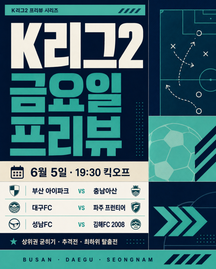  K리그2 15R 경기 프리뷰 : 6월 5일(금) 부산 아이파크 vs 충남 아산 외 2경기