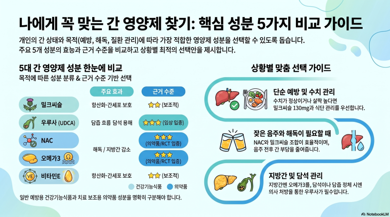 간 영양제 BEST 5 비교 — 밀크씨슬·우루사·NAC·오메가3·비타민E