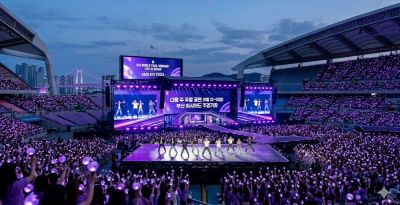 [2026 BTS釜山コンサート] アシアード主競技場からの眺め、持ち物、「ザ・シティ」ドローンショー日程総まとめ（宿泊）