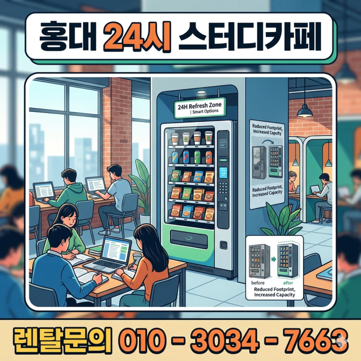  홍대 24시 스터디카페 스마트 음료 자판기 설치 공간 활용 극대화 사례