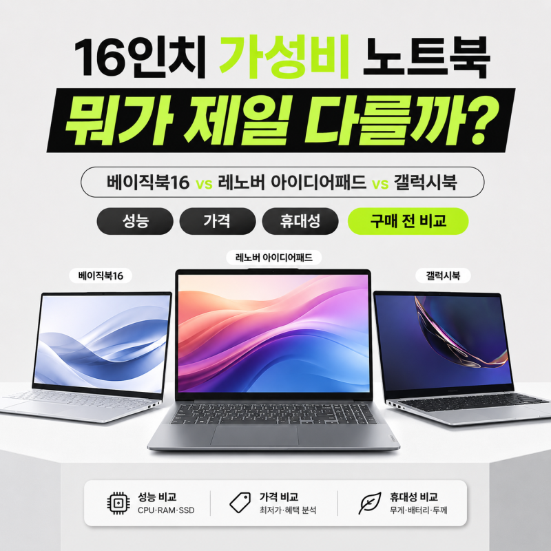 베이직북16 vs 레노버 아이디어패드 vs 갤럭시북 – 가성비 16인치 노트북 뭐가 다를까?