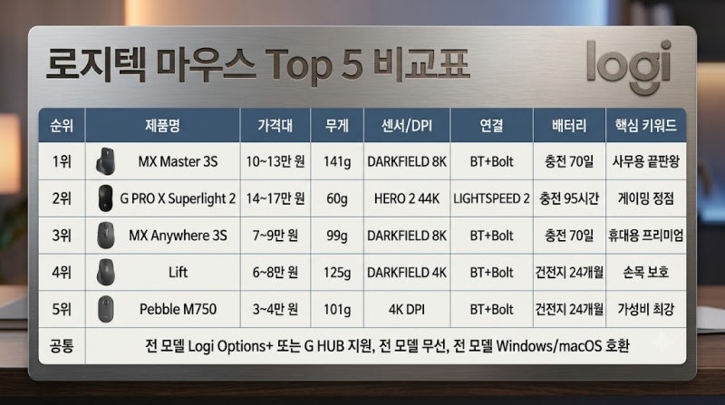 로지텍 마우스 추천 Top 5 | 2026년 기준, 용도별 로지텍 마우스 완전 가이드 — 가성비부터 프....