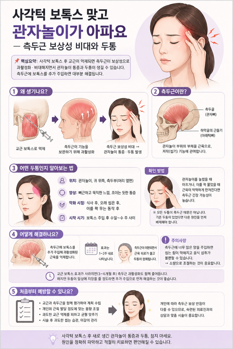 사각턱 보톡스 맞고 관자놀이가 아파요 — 측두근 보상성 비대와 두통