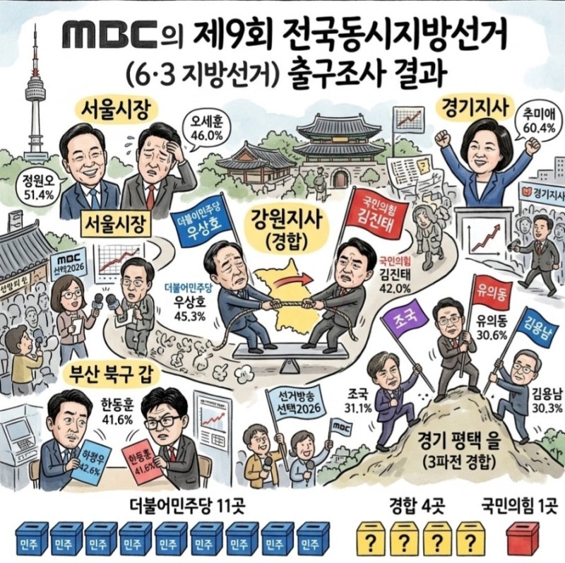 [제9회 지방선거] MBC 출구조사 결과: 서울, 경기, 강원 등 주요 격전지 시사 풍자 일러스트
