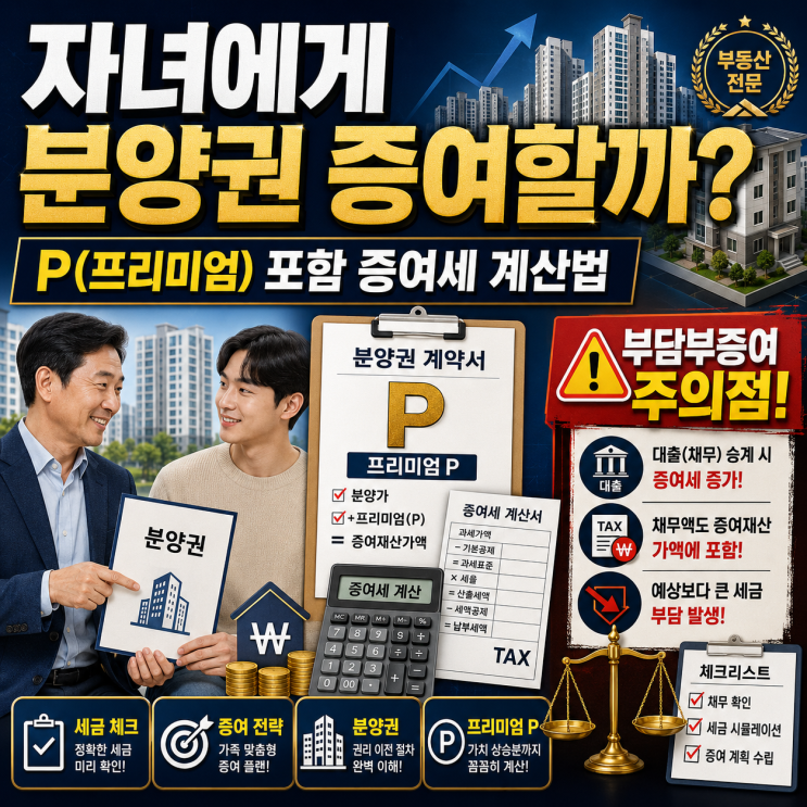  자녀에게 분양권 증여할까? 프리미엄(P) 포함한 증여세 계산법 및 '부담부증여' 주의점