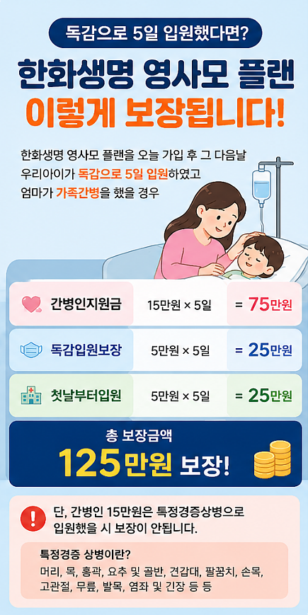 한화생명 어린이 간병인 1일 20만! 5년만 내고 100세까지 보장 영사모 든든건강 플러스