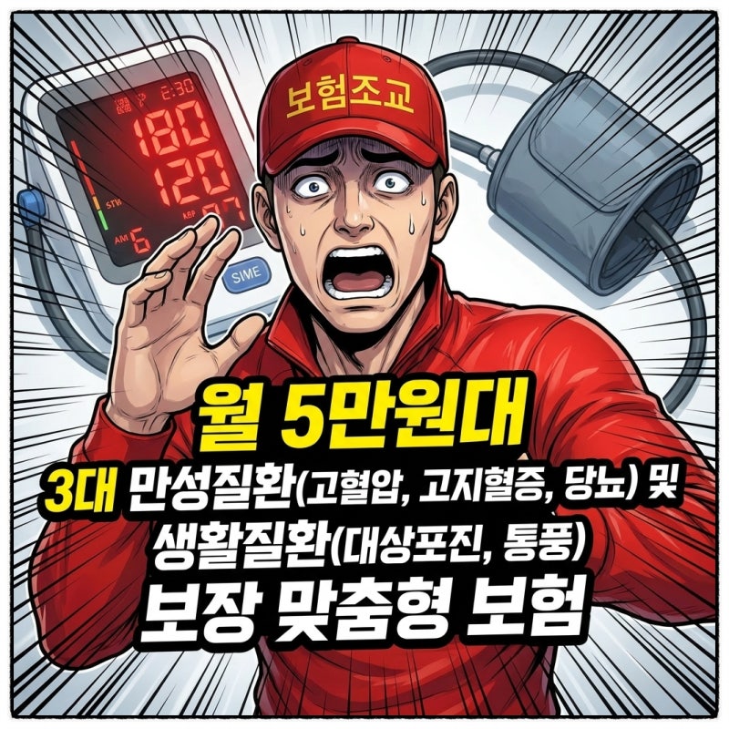 월 5만 원대 3대 만성질환(고혈압, 고지혈증, 당뇨병) 및 일상 질환(대상포진, 통풍) 종합 보장....