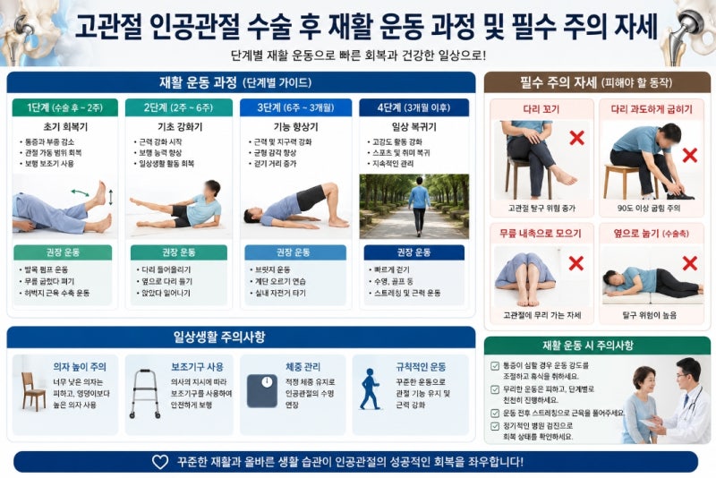 고관절 인공관절 수술 후 재활 운동 과정 및 필수 주의 자세 총정리