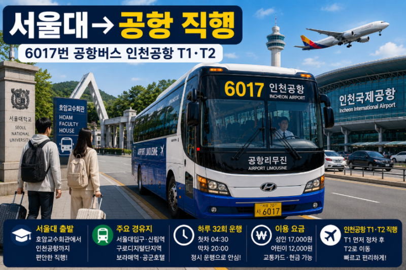 6017번 공항버스 시간표 요금 예매 노선 총정리｜서울대 신림 구로디지털 보라매역에서 인천....