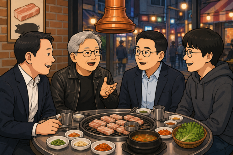 <b>젠슨황</b> 홍대서 삼겹살 <b>회동</b>, 최태원ㆍ구광모ㆍ이해진과 <b>삼소</b>... 