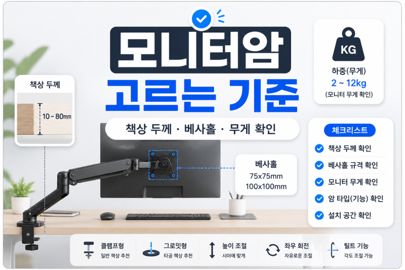 모니터암 고르는 기준, 책상 두께·베사홀·무게 확인법