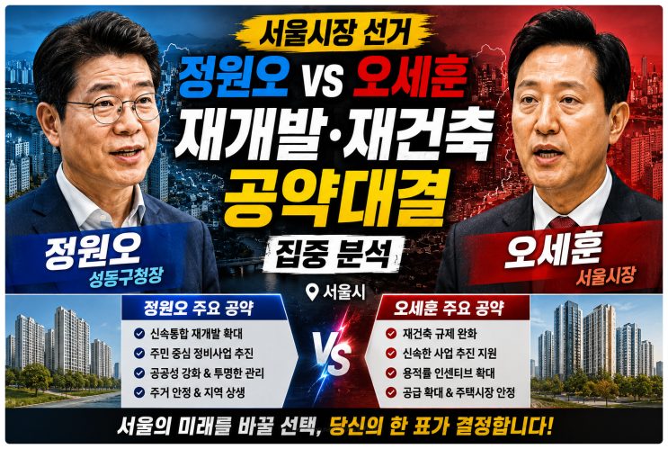  정원오 vs 오세훈 서울시장 선거, 재개발 재건축 공약 대결 집중 분석 (서울시)
