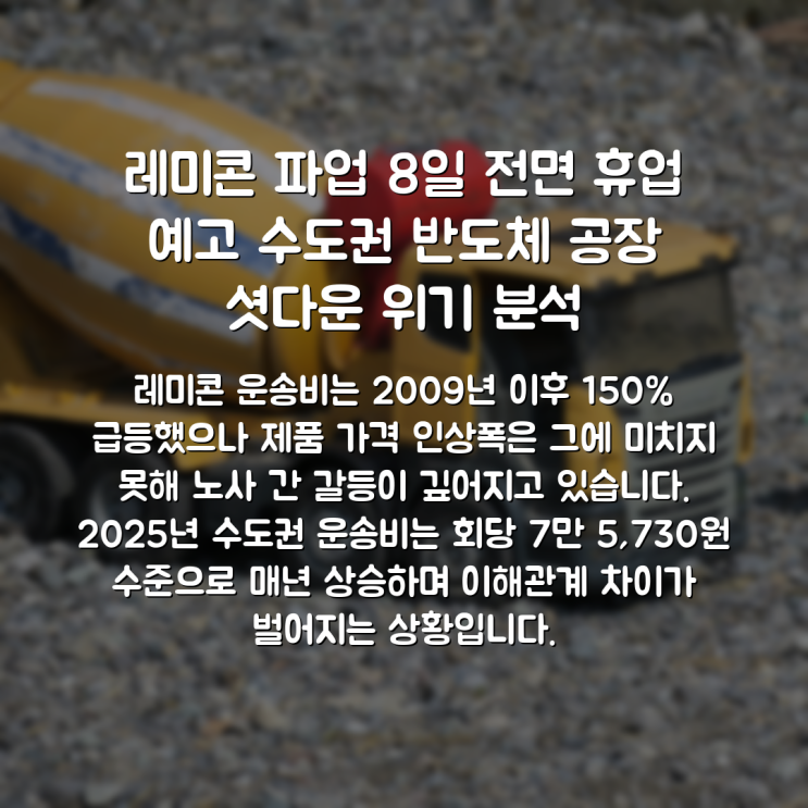 <b>레미콘 파업</b> 8일 전면 휴업 예고 수도권 반도체 공장 셧다운... 