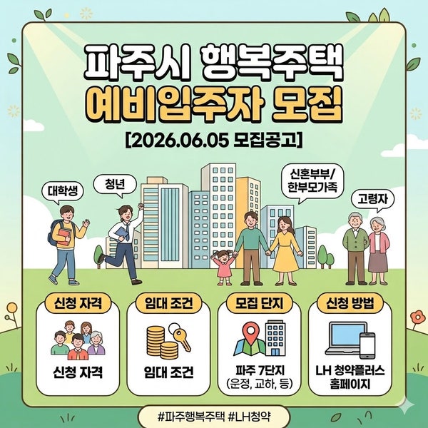 월세 6만 원대 가능?! 2026 파주 행복주택 예비입주자 모집 조건 및 보증금 전환 꿀팁
