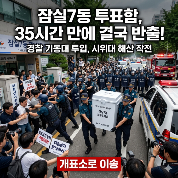 <b>잠실7동</b> 투표소 <b>투표함</b> 35시간 만에 결국 <b>반출</b>… 경찰 기동대... 