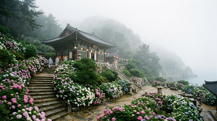  안개 낀 사찰의 몽환적인 비주얼 — 부산 영도 태종사 수국 개화 상황 및 2026 다누비열차 꿀팁 완전 정복