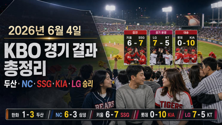 총정리｜두산 <b>승리</b>·NC <b>승리</b>·SSG 진땀승·<b>KIA</b> 대승·LG <b>승리</b>