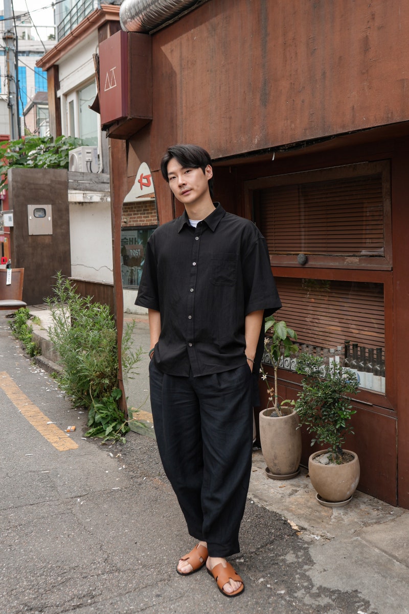 커스텀멜로우 26SS OOTD, 플리츠셔츠로 완성한 남자반팔셔츠 코디