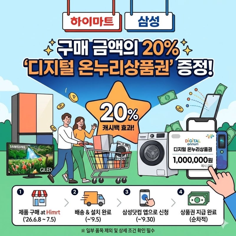 삼성전자 역대급 혜택! 가전/모바일 구매하고 구매 금액의 20% 온누리상품권으로 돌려받자 (....
