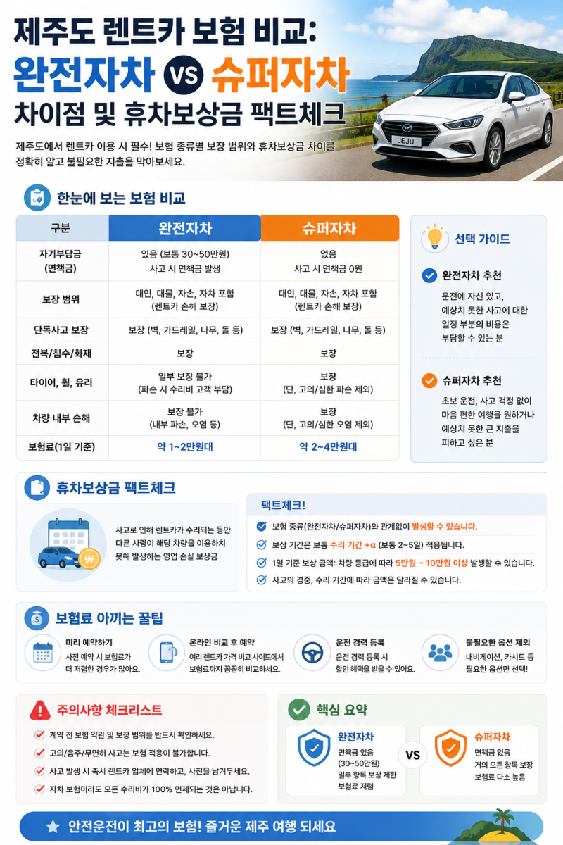 제주도 렌트카 보험 비교: 완전자차 VS 슈퍼자차 차이점 및 휴차보상금 팩트체크
