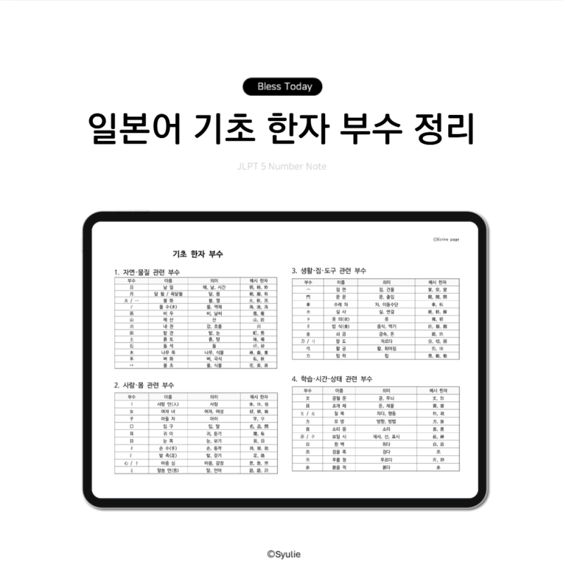 (무료 공유) 일본어 JLPT N4/N5 기초 한자 부수 50개 정리 PDF 파일 다운 [출력 가능]