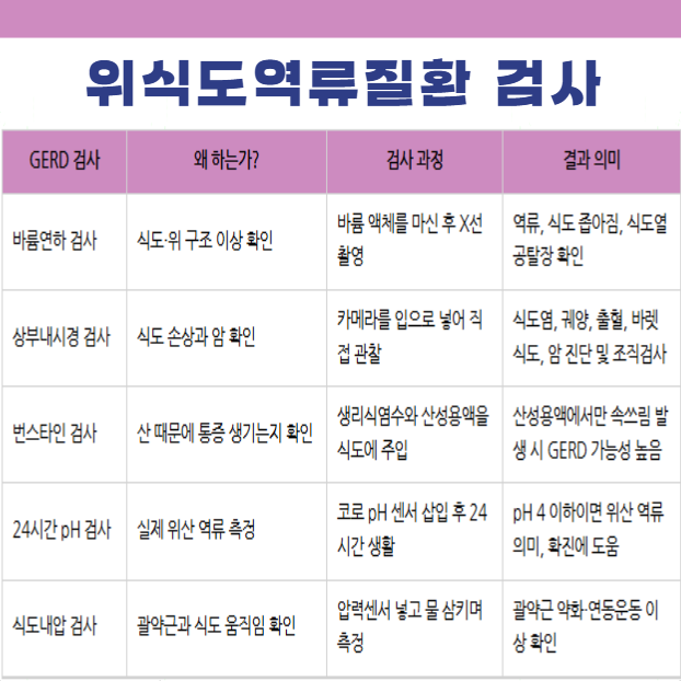 위식도역류질환 진단 검사 바륨연하 상부내시경 번스타인 24시간가동pH 식도내압 검사