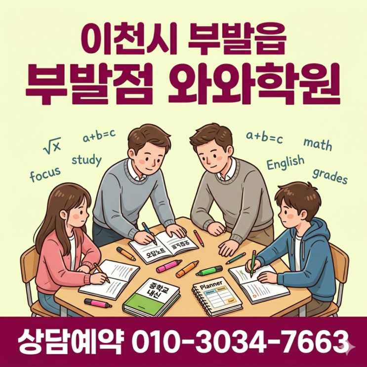  이천 부발읍 와와학원 중등 소수정예, 자유학기제부터 내신 대비까지 한 번에