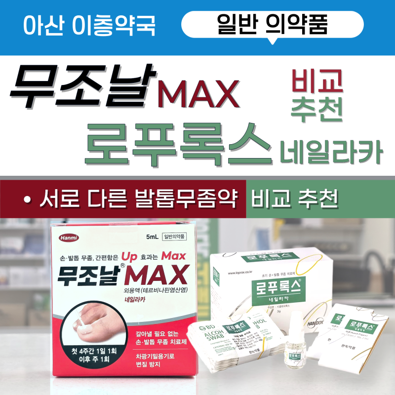 무조날맥스 외용액 vs 로푸록스 네일라카 손발톱무좀약 성분 용법 완벽 비교 [아산이층약국]