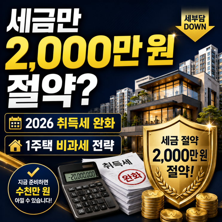  "세금만 2,000만 원 절약?" 2026년 취득세 중과 완화 및 1주택자 양도세 비과세 필승 전략