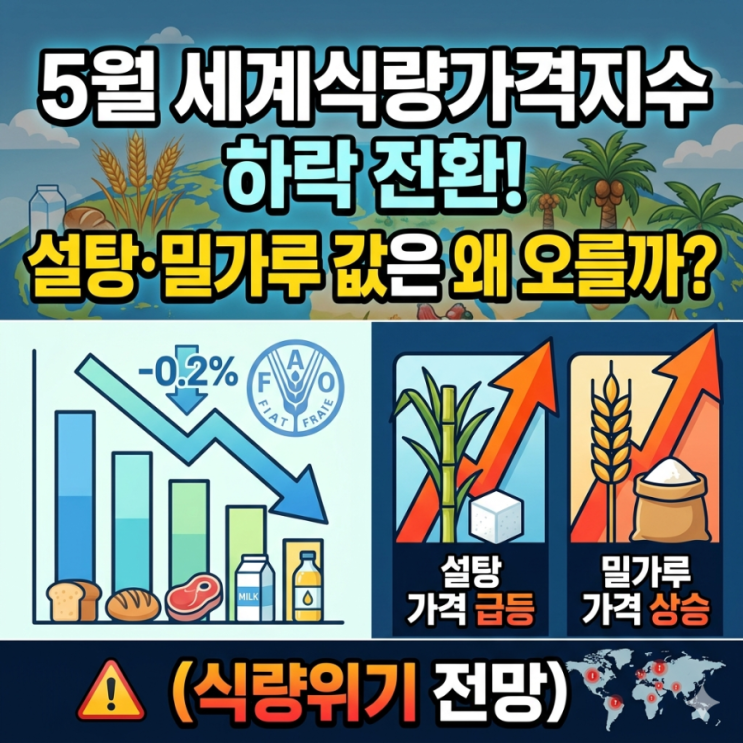 5월 <b>세계식량가격</b>지수 <b>하락</b> 전환! 설탕·밀가루 값은 왜 오를까?... 