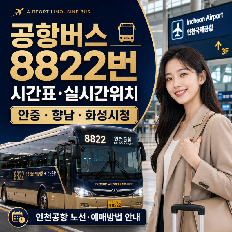 공항버스 8822번 시간표·실시간위치｜안중·향남·화성시청 인천공항 노선·예매방법 안내
