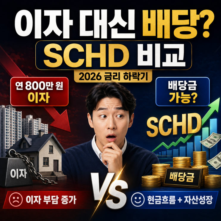  "연 800만 원 이자 대신 배당금?" 2026년 금리 하락기, 중도금 후불제 활용한 SCHD 투자 수익률 비교