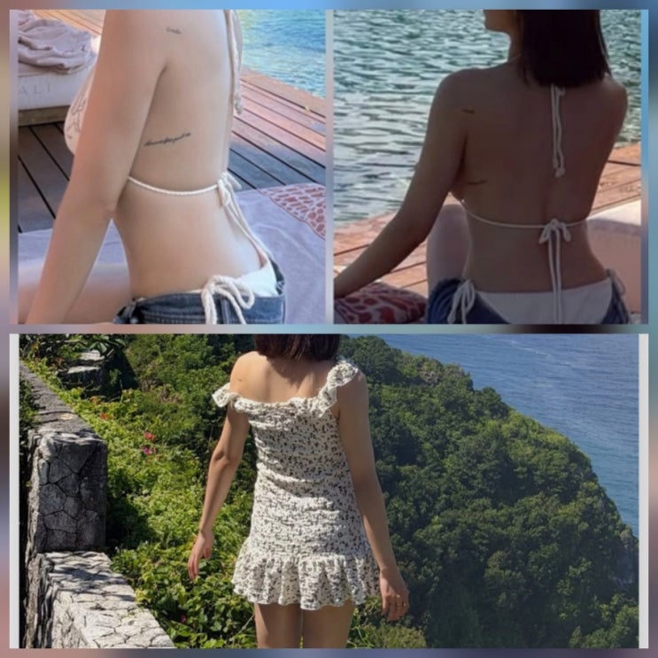  권은비 발리 휴가 스타일링 화이트 홀터넥 톱 데님 팬츠