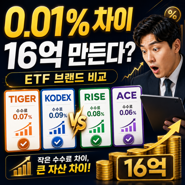  연 0.01% 수수료 차이가 16억을 만든다? TIGER, KODEX, RISE, ACE ETF 브랜드 한눈에 비교하기