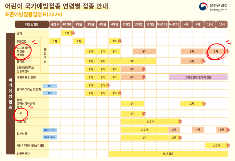 초고학년(5,6학년) 예방접종 완료 (Tdap,수두2차,일본뇌염,HPV)