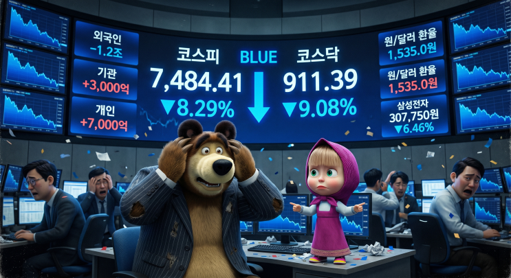  "검은 월요일"｜코스피 -8.29% 폭락 7484, 코스닥 -9.08%…8000선 완전 붕괴[주식시장 마감 브리핑]