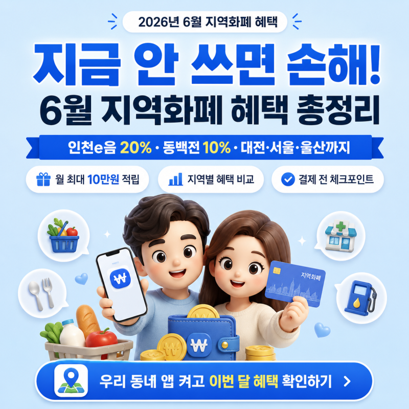 6월 지역화폐 혜택 총정리 — 인천e음·동백전·대전사랑카드 캐시백 비교