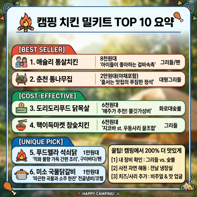 캠핑 치킨 밀키트 추천 순위 TOP 10! 브랜드별 가격 및 솔직 후기 총정리