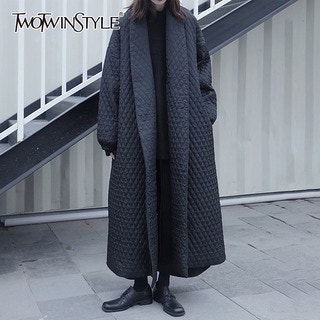  TWOTWINSTYLE 스플라이싱 아가일 미드 파카 - 여성 캐주얼 솔리드 코튼 코트 분석
