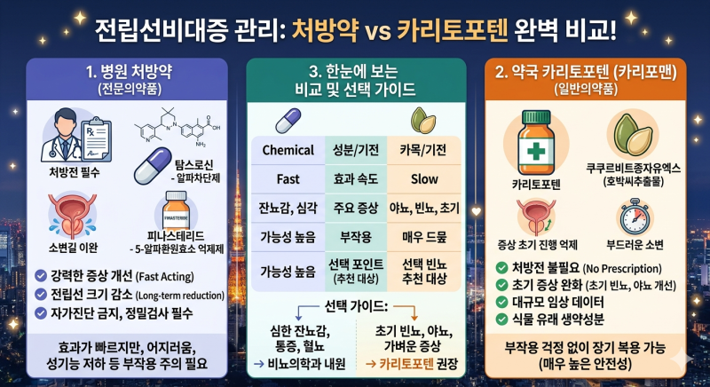밤마다 화장실 지옥? 전립선비대증 처방약 vs 카리포맨(카리토포텐) 완벽 비교 및 선택 가이....