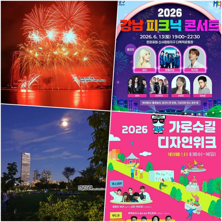 한강가볼만한곳 2026 <b>강남 피크닉 콘서트</b> 초대가수 주차장... 